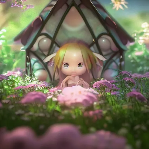 Prompt: a tiny cute fairy in a flower house, beautiful face, large eyes, cute, adorable, volumetric light, octane render, studio ghibli, trending on artstation