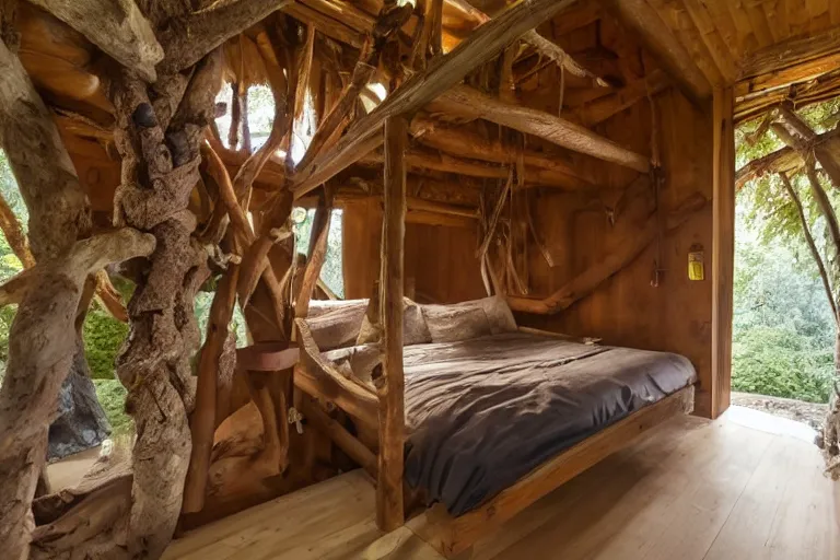 Image similar to a bed of chocolate inside at a tree house