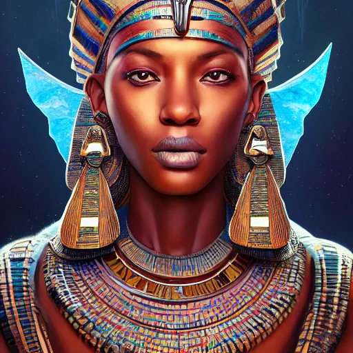 Image similar to highly detailed portrait of an african egyptian goddess, intricate alien technology, stephen bliss, unreal engine, fantasy art by greg rutkowski, loish, rhads, ferdinand knab, makoto shinkai and lois van baarle, ilya kuvshinov, rossdraws, tom bagshaw, global illumination, radiant light, detailed and intricate environment