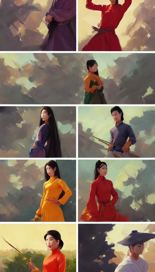 Prompt: greg manchess 6 panel comic of ao dai asian female, fighting asian male, asymmetrical, profile picture, organic painting, sunny day, matte painting, bold shapes, hard edges, street art, trending on artstation, by huang guangjian and ail elvgren and sachin teng