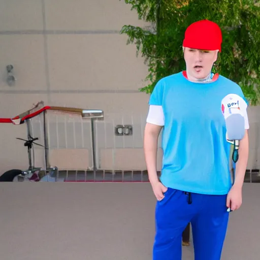 Image similar to a full body shot of an average white, short young - adult man with blue dyed hair holding a microphone, wearing a red backwards cap, white t - shirt with a red no symbol on it, blue long pants and red shoes