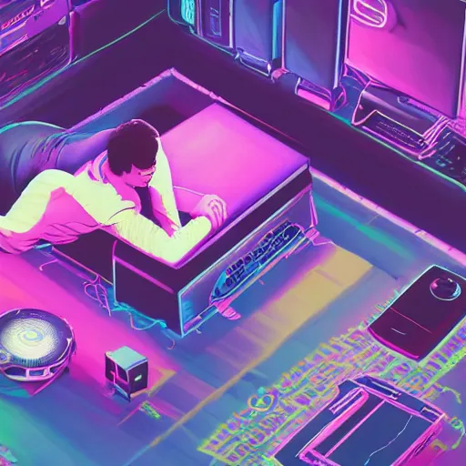 Image similar to aerial view of a guy laying on the floor of his bedroom surrounded by electronics computers food video games, vaporwave colors, faded effect, highly detailed, digital painting, artstation, concept art, soft light, sharp focus, illustration