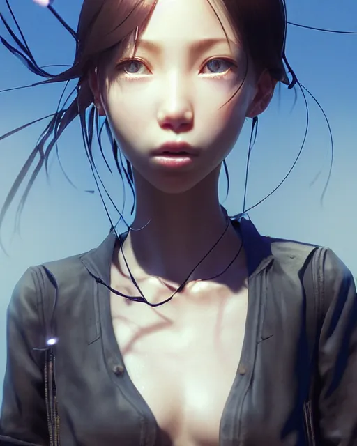 Image similar to really cool complex closeup portrait of a beautiful carefree girl covered in sharp metal wire, by katsuhiro otomo, yoshitaka amano, nico tanigawa, artgerm, greg rutkowski makoto shinkai takashi takeuchi rendered with intense 3 d effect, smooth soft shadowing, cinematic lighting, hyperrealistic unreal engine 5 render uhd 8 k