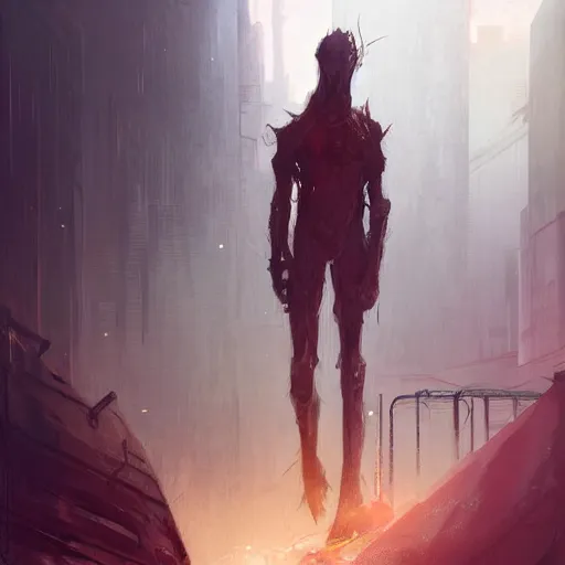 Image similar to concept art by greg rutkowski, a very tall and slender young man, fleeing through a brutalist environment from a horrible creature made of twisted flesh, futuristic environment, reddish lighting, frightening and creepy atmosphere, scifi, highly detailed portrait, digital painting, artstation, concept art, smooth, sharp foccus ilustration, artstation hq