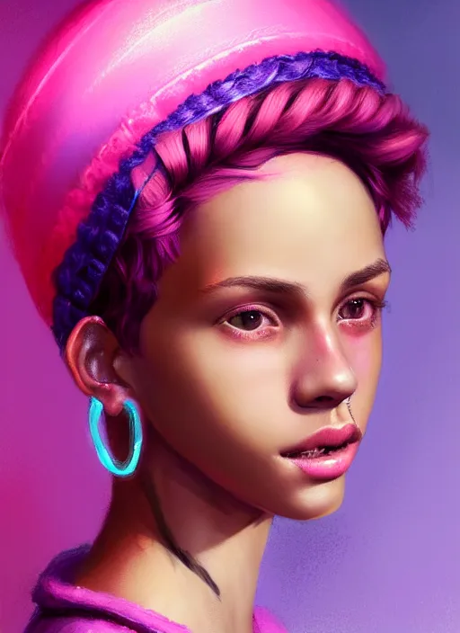 Image similar to portrait of teenage vanessa morgan with bright pink hair, curly pixie cut hair, wearing a purple breton cap, breton cap, hoop earrings, intricate, elegant, glowing lights, highly detailed, digital painting, artstation, concept art, smooth, sharp focus, illustration, art by wlop, mars ravelo and greg rutkowski