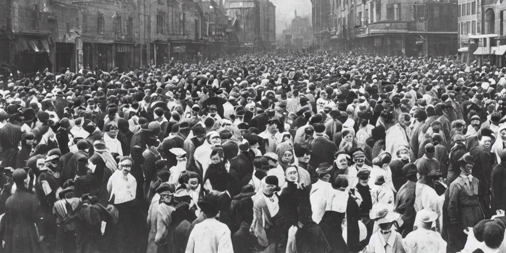 Image similar to scary unproportionable tall ghost creature in the middle of a crowd, 1900s picture