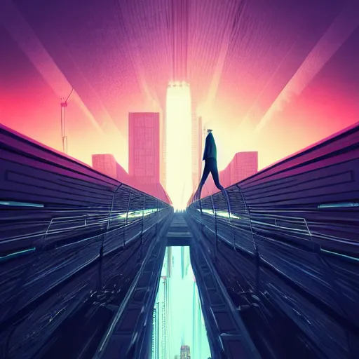 Image similar to a man standing on top of a bridge over a city, cyberpunk art by vincent lefevre, behance contest winner, altermodern, cityscape, synthwave, matte painting