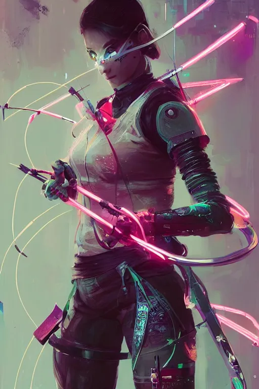 Prompt: female archer, cyberpunk futuristic neon. fencing, long sword in her hand, decorated with traditional japanese ornaments by ismail inceoglu dragan bibin hans thoma greg rutkowski alexandros pyromallis nekro rene maritte illustrated, perfect face, fine details, realistic shaded, fine - face, pretty face, masterpiece