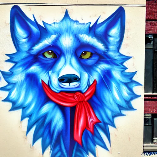 Prompt: photo of a graffiti mural of a blue anthropomorphic wolf wearing a red neckerchief, graffiti, mural, street art, anthro wolf, furry art, furaffinity, 4 k