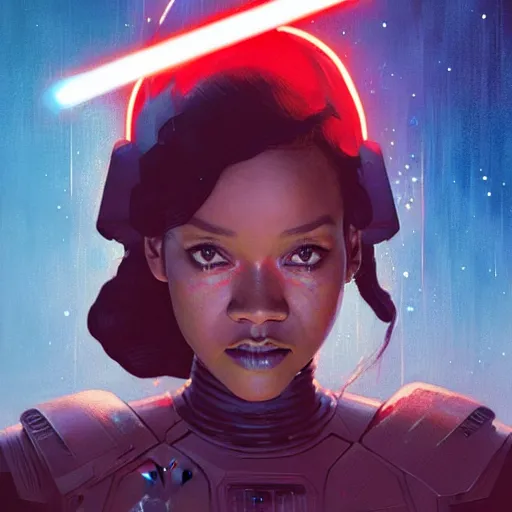 Image similar to star wars with lord Rihanna profile picture by Greg Rutkowski, intricate details, futuristic, volumetric lights, streetwear, studio ghibli, Organic Painting , Matte Painting, geometric shapes, hard edges, trending on the artstation, fantasy LUT, realistic by Sachin Teng + Martin Grip + Moebius + Patrick Gleason, smooth, sharp focus, illustration, art by John Collier and Albert Aublet and Krenz Cushart and Artem Demura and Alphonse Mucha, techwear, Industrial Scifi, detailed illustration, character portrait,