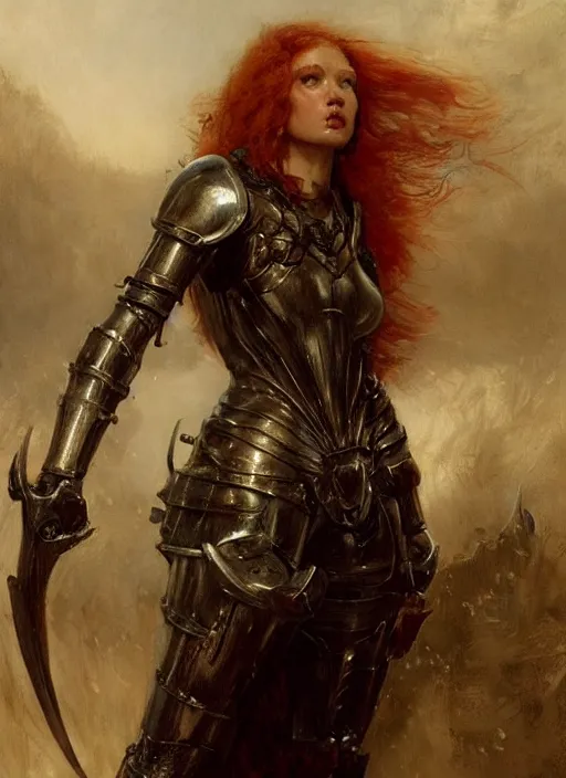 Image similar to beautifull young redheaded muscular woman wearing black medieval armour, by gaston bussiere, bayard wu, greg rutkowski, giger, maxim verehin, greg rutkowski, masterpiece, sharp focus, cinematic lightning