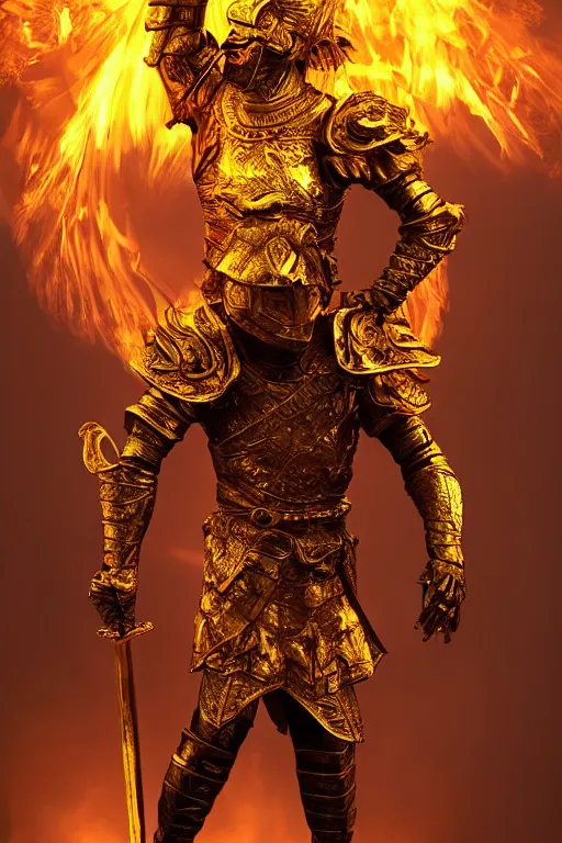 Prompt: a golden warrior showing his sword of fire, trending on artststion. night time, dramatic, cinematic, 8 k