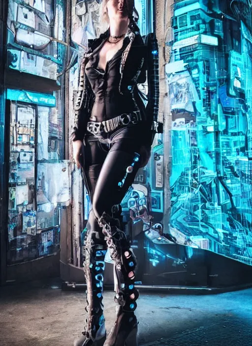 Image similar to full body photograph of a cyberpunk cowgirl beautiful face, intricate clothing, cinematic