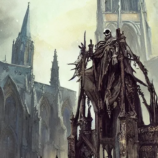 Prompt: Skeleton King wearing ragged clothes resting on a throne inside a cathedral, old castle, oil painting, by Fernanda Suarez and Greg Rutkowski