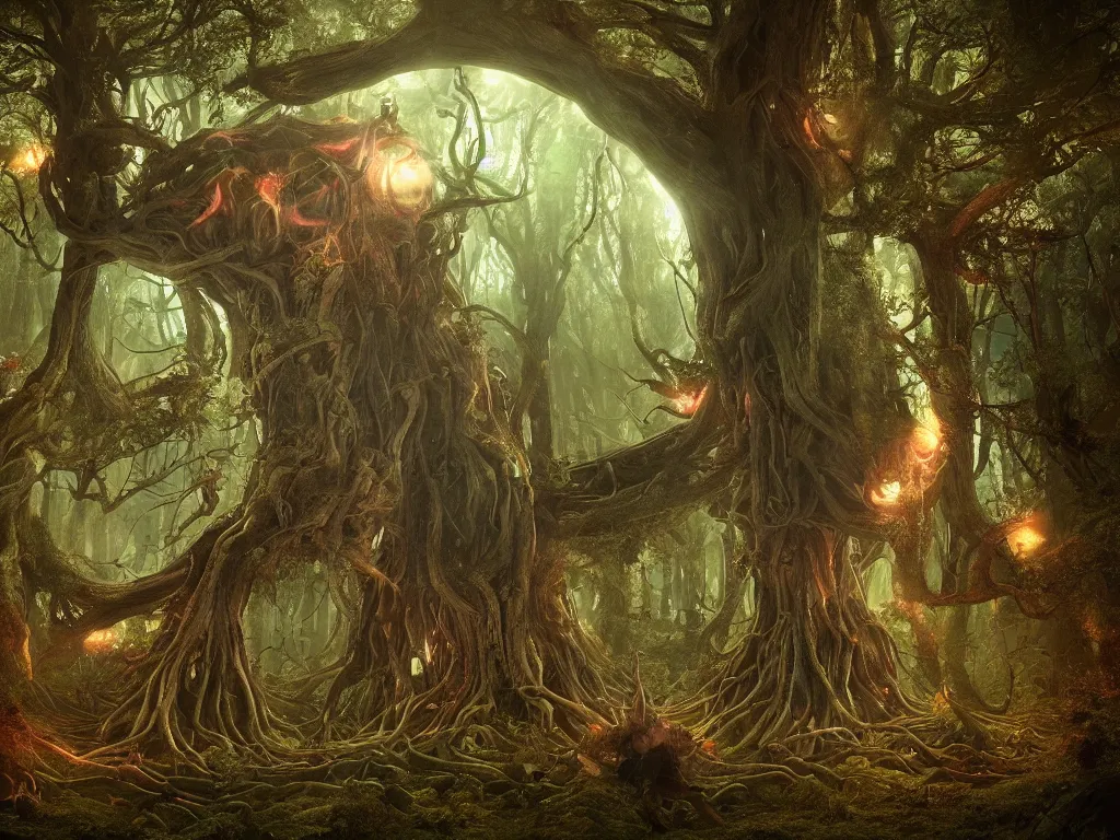 Prompt: a weird magical forest with a giant glowing human brain growing at the center. Highly detailed. 8k. Fantasy horror.