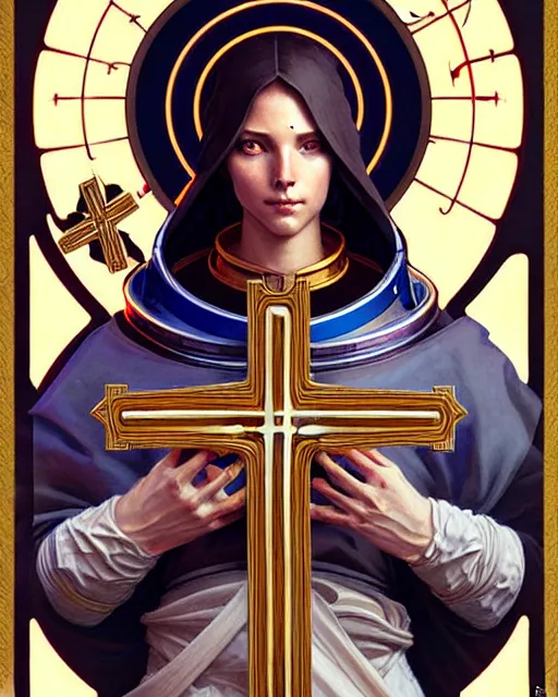 Image similar to Holy medieval astronaut portrait holding a cross, art nouveau, fantasy, intricate galactic designs, elegant, highly detailed, sharp focus, art by Artgerm and Greg Rutkowski and WLOP