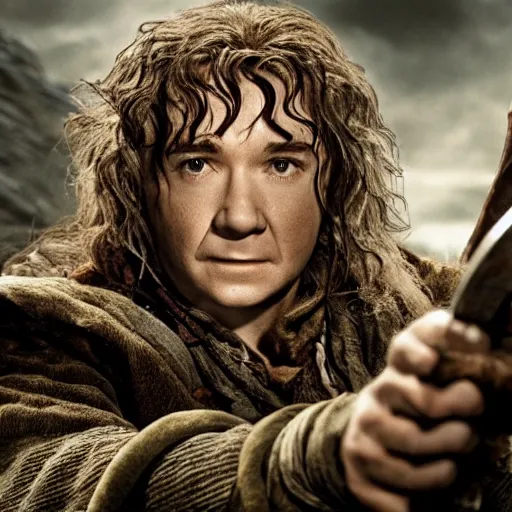 Image similar to scene from the Hobbit Desolation of Smaug, Bilbo has a mauser pistol