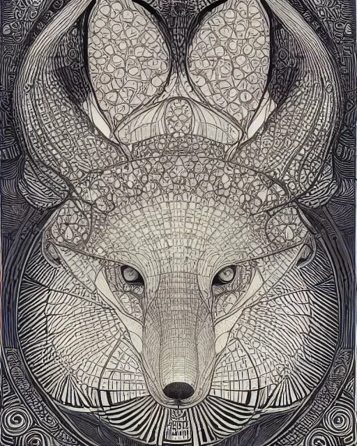 Prompt: fox carving art, cell shading, voronoi,fibonacci sequence, sacred geometry by Alphonse Mucha, Moebius, hiroshi yoshida, Art Nouveau, colorful, ultradetailed, black and white, 3d