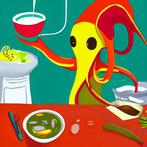 Image similar to occult anthropomorphic octopus chef cooking a delicious colorful soup, digital paintingl