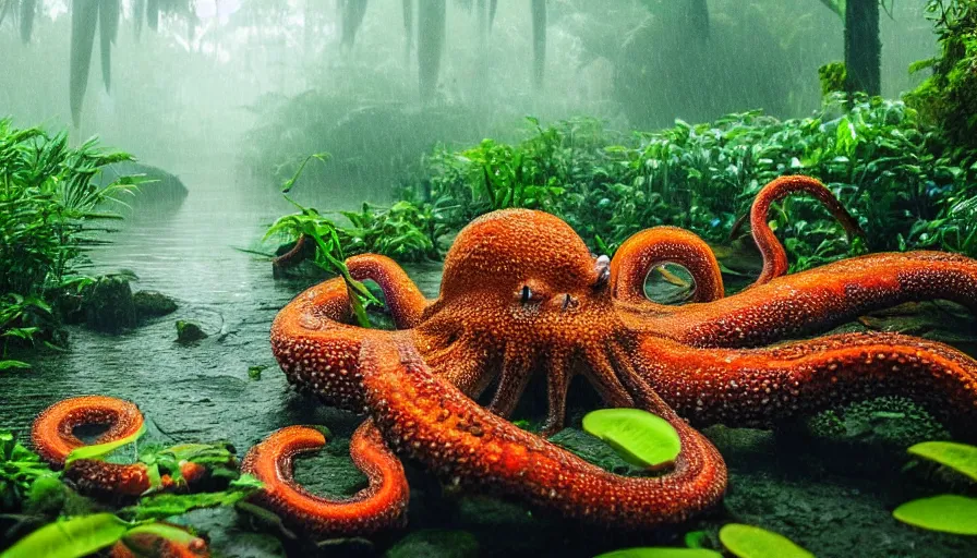 Image similar to a rainy foggy jungle, river with low hanging plants, there is a giant coral colored octopus in the water, great photography, ambient light