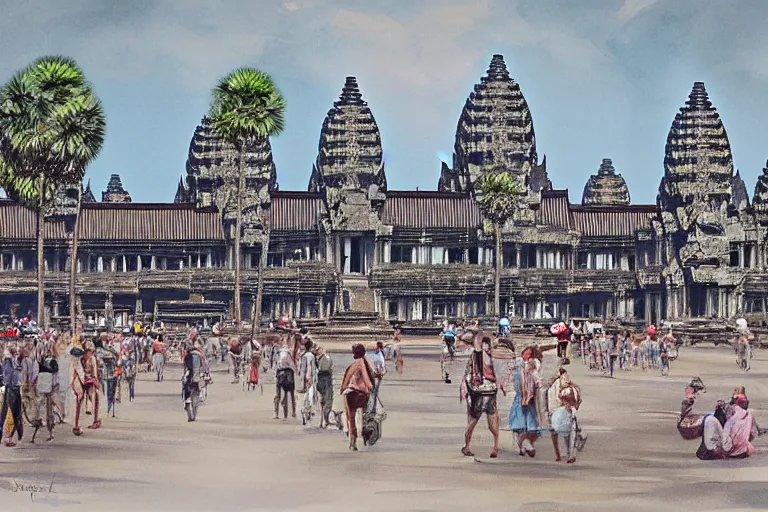 Prompt: angkor wat in the middle of a busy town, big crowd, many vehicles, many buildings, concept art, digital painting by shaddy safadi