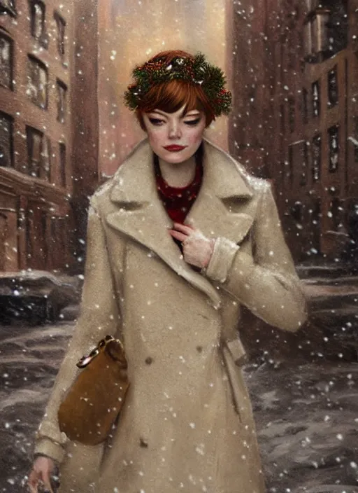 Image similar to emma stone beige coat walking into new york apartment building in winter, close up of wreath on door, snow, artwork by gaston bussiere, craig mullins, trending on artstation