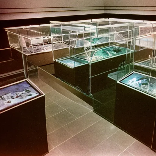 Image similar to spooky creepy liminal space, display case, aquatic exhibition science museum, dried aquarium, computer screens, backroom stairs going down under water, photo taken on 1 9 8 0 s fujifilm superia