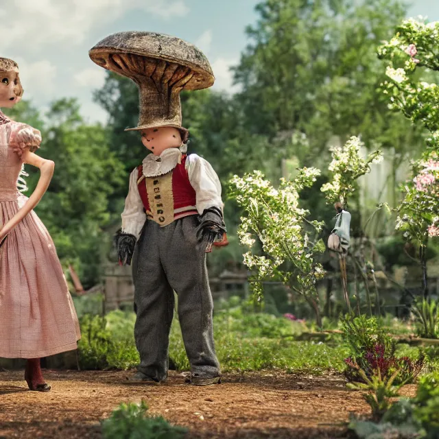 Prompt: detailed, sharp, a boy and a girl playing frisbee with their cute pet humanoid robot, wearing 1860s era clothes, in the garden on a strange planet with strange alien plants and flowers growing, extremely highly detailed, 70 mm action still from a classic period sci fi color movie, 4k, HD, cinematic lighting