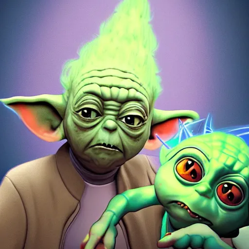 Image similar to Baby Yoda meets Rick Sanchez in Rick and morty digital art 4k detailed super realistic