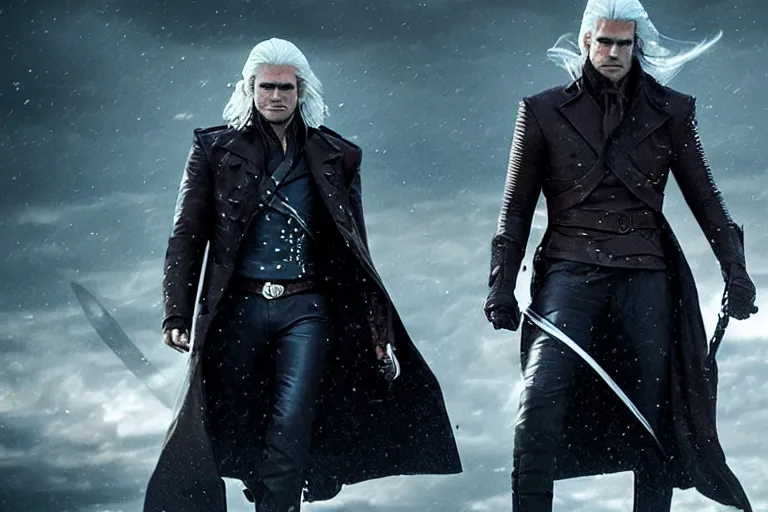 Image similar to vfx movie suave handsome grinning vampire with long white hair, trench coat, dual wielding large revolvers, leaping into the air, low gravity in a shattered reality of new york city, henry cavill witcher devil may cry, game of thrones, by emmanuel lubezki