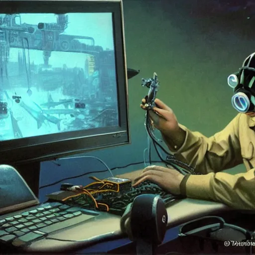 Prompt: soviet union ussr gas masked russian bot hybrid influencer sitting on chair on computer playing games on led keyboard and gaming mouse, russian, ussr, soviet union, led gaming, led gamers keyboard, dark and gloom, extremely detailed oil painting, rhads, Bruce Pennington, Studio Ghibli, tim hildebrandt, cinematic, octane render, beautiful composition, trending on artstation, award-winning photograph, masterpiece