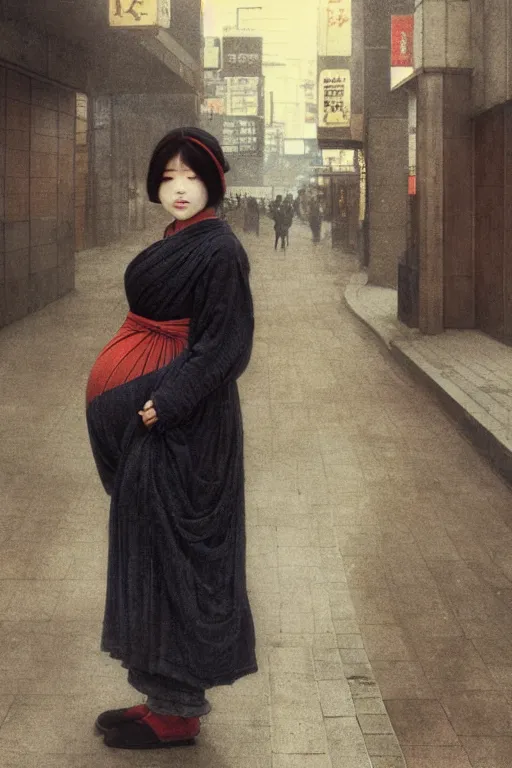 Image similar to Full-length portrait of a pregnant man on the streets of Tokyo, historically reliable photo chronicle, winter, 1975, ultra detailed digital art, octane render, 4K, by John William Waterhouse and Edwin Longsden Long and Theodore Ralli and Nasreddine Dinet