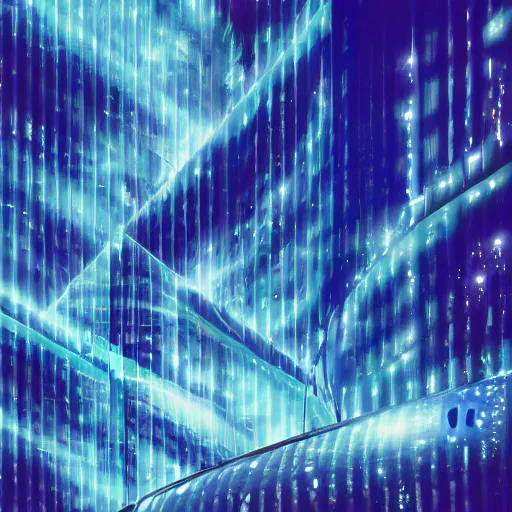 Prompt: closeup portrait of an ethereal coca cola factory made of blue light, divine, cyberspace, mysterious, dark high-contrast concept art