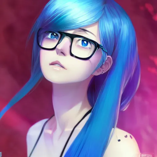 Prompt: very beautiful anime girl with glasses, long blue hair, azure blue watery eyes, full round face, seductive over the shoulder glances, lens flare, cinematic lighting, medium shot, mid-shot, highly realistically detailed, trending on pixiv, Unreal Engine 4k, Stanley Artgerm Lau, WLOP, Rossdraws, James Jean, Marc Simonetti, and Sakimichan