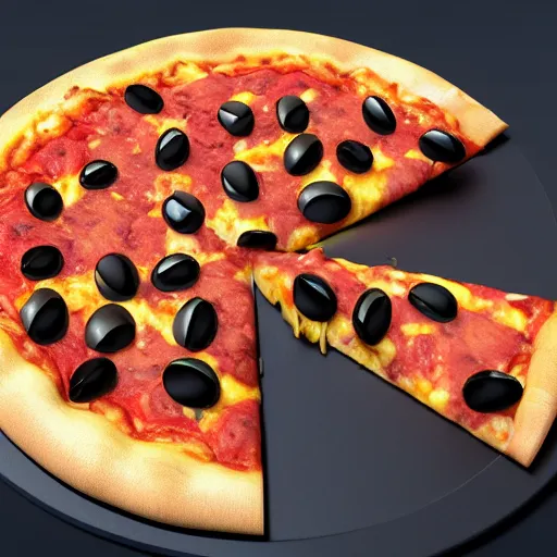 Prompt: A cheezy slice of pizza with a lots of black olives, the slice is so hot, 3D render, blender, highly detailed