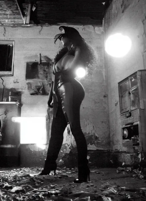 Prompt: film still of kim kardashian dressed as eazy e, derelict house, cinematic lighting, cinematic, rear pov,