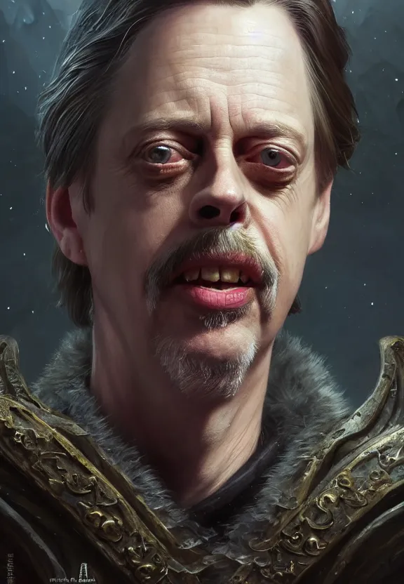 Image similar to highly detailed close up portrait of steve buscemi as a fantasy cleric surrounded by magic, in skyrim, stephen bliss, unreal engine, fantasy art by greg rutkowski, loish, rhads, ferdinand knab, makoto shinkai and lois van baarle, ilya kuvshinov, rossdraws, tom bagshaw, global illumination, radiant light, detailed and intricate environment