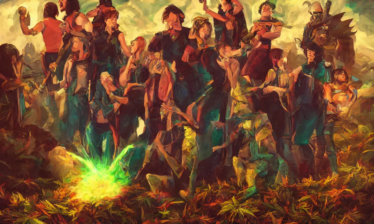 Prompt: an epic fantasy comic book style portrait painting of a star trek crew smoking ganja, weed, marihuana, stoned, studio ghibli, unreal 5, daz, hyperrealistic, octane render, cosplay, rpg portrait, dynamic lighting, intricate detail, harvest fall vibrancy, cinematic