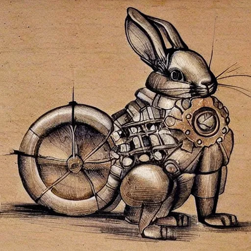 Prompt: mechanical rabbit with a crystal inside, steampunk design, made of woods, by Leonardo da Vinci, drawn projects on paper, instructions to build it