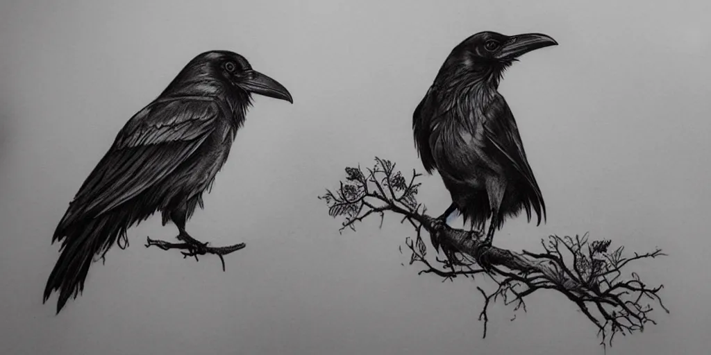 Image similar to realistic tattoo designs drawn on paper, raven, dark, golden, delicate, hyper realism, tim burton, ink, ultra realistic, 8 k