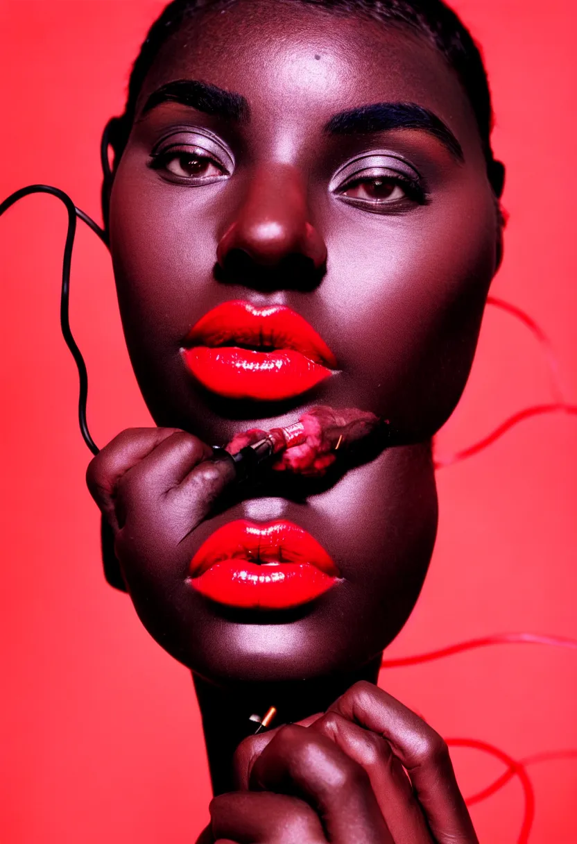 Prompt: medium shot, photograph of alluring dark skin young woman looking into camera, red lipstick, hundreds of cables and wires tightly wrapped around face and body, sharp focus,, chromatic abberations, as fashion editorial 90s, kodak ektachrome