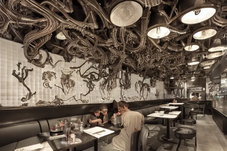 Prompt: a fast food restaurant interior inspired by HR Giger, peoples sitting on chairs