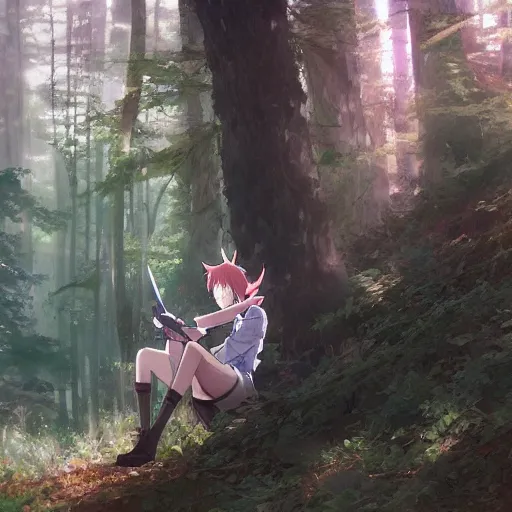 Image similar to anime character in the woods, hyperrealistic, trending on pixiv fanbox, painted by greg rutkowski makoto shinkai takashi takeuchi studio ghibli, akihiko yoshida