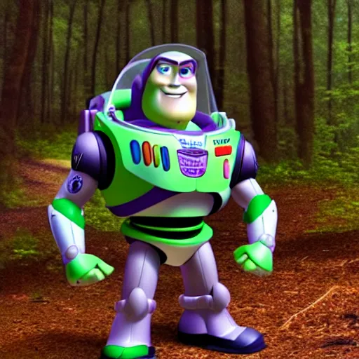 Image similar to realistic buzz lightyear in the woods with scary 4 k quality super realistic