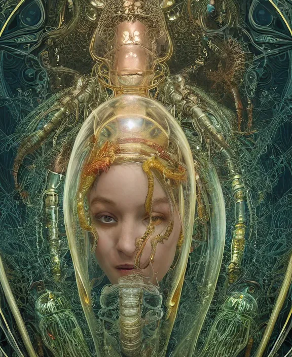 Image similar to intricate ornate opulent transparent clear see - through portrait of a playful beautiful alien beetle, fractal, adorable, childlike, overgrown biopunk jungle environment, ultra realistic, concept art, art nouveau, photorealistic, octane render, 8 k, unreal engine. art by christopher marley and artgerm and greg rutkowski and alphonse mucha