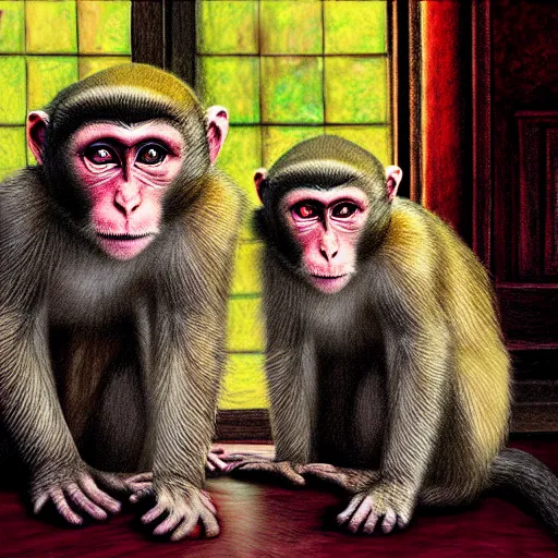 Prompt: two macaques looking at each other inside victorian mansion, digital art, soft shadows, creepy art, sun flare