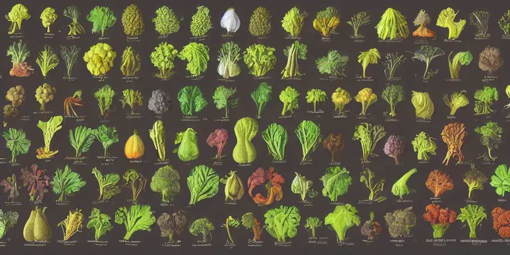 Image similar to full color page scan catalogue of various vintage fantasy vegetables illustrations on black background, in matte painting, 2 d, kitbash, 4 k