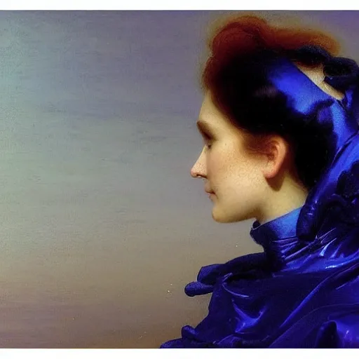 Image similar to a young woman's face, her hair is chrome and she wears an cobalt blue satin cloak, by ivan aivazovsky and syd mead and moebius and gaston bussiere and roger dean and pieter claesz and paul delaroche and alma tadema and aelbert cuyp and willem claesz, hyperrealistic, volumetric light, octane render