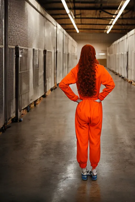 Prompt: portrait photo of a teenage girl in an orange jumpsuit. Bright orange, natural hair, freckles. In an industrial environment. Shallow depth of field. Dramatic lighting. Low light. Highly detailed.