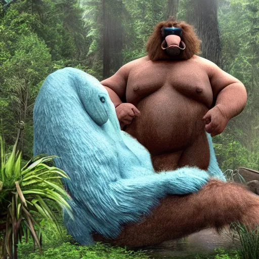 Image similar to big sir is a bigfoot / elephant hybrid monster lounging in an idyllic hot spring